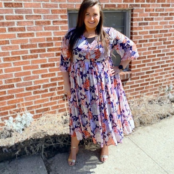 Torrid size 2 NAVY FLORAL SWISS DOT BUTTON DOWN TEA LENGTH DRESS - Picture 6 of 12